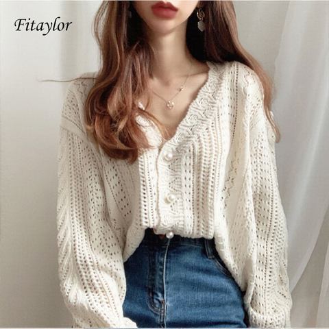 Fitaylor otoño primavera hueco con cuello en V de botones perla sola botonadura mujeres mujer Lana de punto Cardigan suéter ► Foto 1/6