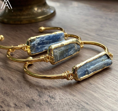 Cianita-pulsera abierta de cuentas con forma de rebanada de piedra Natural azul para mujer, joyería Bohemia, cuentas de piedra de oro hecho a mano, BG015AMBJ ► Foto 1/5