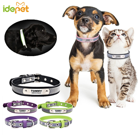 Collar de gato personalizado de cuero reflectante, Collar de identificación personalizado, grabado en nombre del número de teléfono grabado gratis para cachorro Chihuahua 15 ► Foto 1/6