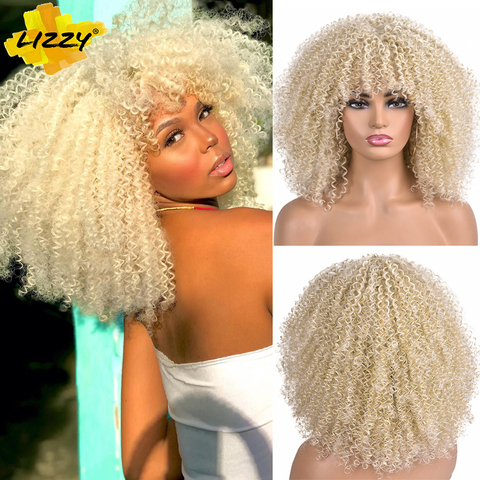 Afro corto rizado pelucas con flequillo para las mujeres negras rubia marrón Cosplay sintético Africana pelucas resistente al calor Lizzy ► Foto 1/6