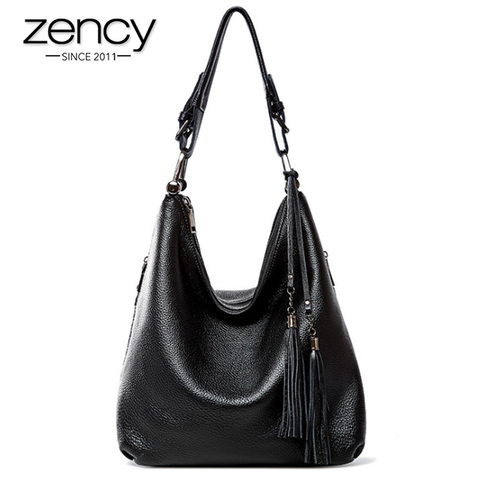 Zency-Bolso de hombro de piel auténtica para mujer, hobo de compras informal, clásico, negro, cruzado, 100% ► Foto 1/6