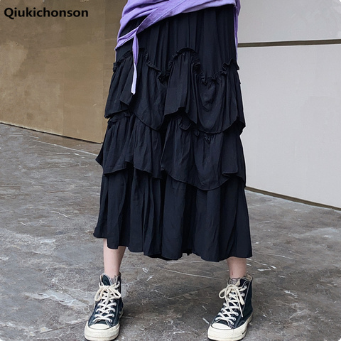 Qiukichonson-faldas largas por debajo de la rodilla para mujer, falda larga de estilo gótico Lolita, de cintura alta, asimétrica, con volante fruncido ► Foto 1/6