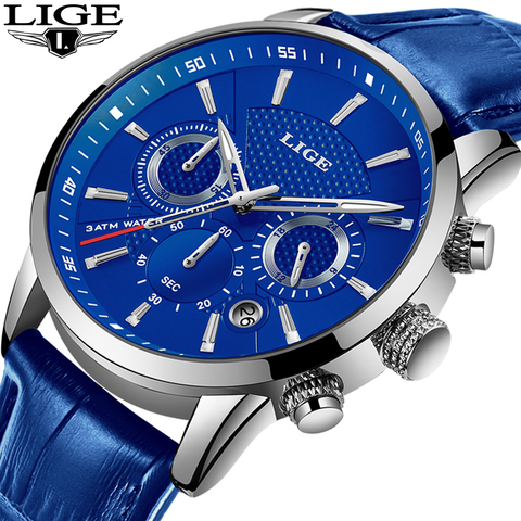 LIGE-relojes para hombre, de cuarzo azul, informal, de cuero, impermeable, deportivo, cronógrafo, Masculino ► Foto 1/6