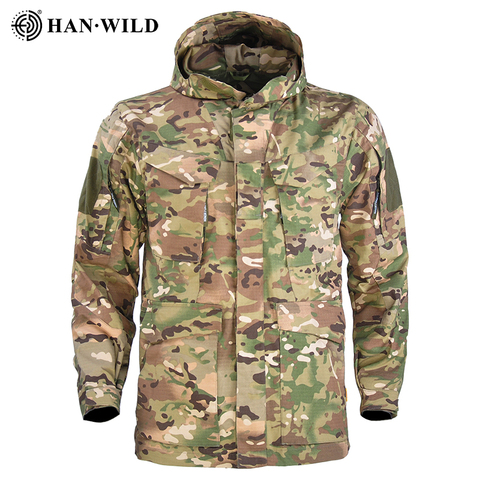 HAN WILD M65-Chaqueta táctica para senderismo y Camping, chaqueta larga con capucha, abrigo deportivo para hombre, chaquetas multibolsillos, impermeable, cortavientos ► Foto 1/6