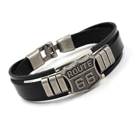 ¡Novedad! Pulsera de cuero para hombre con Ruta 66 60s, señal de carretera, motociclista, pulseras negras, joyería para hombre ► Foto 1/6