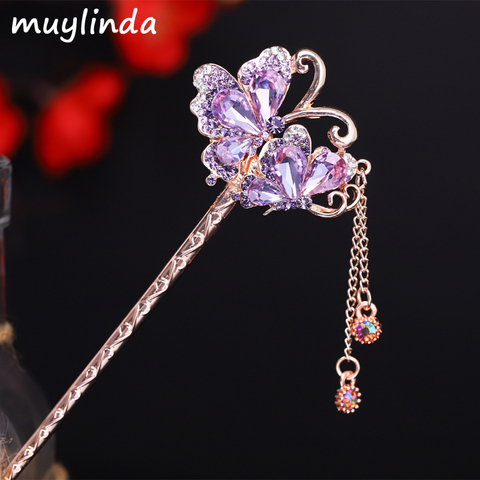 Muylinda-palillo de pelo con flor de diamantes de imitación para mujer, horquilla con joyería de cristal Vintage con joyería para niña, pasadores de pelo de mariposa para fiesta ► Foto 1/6