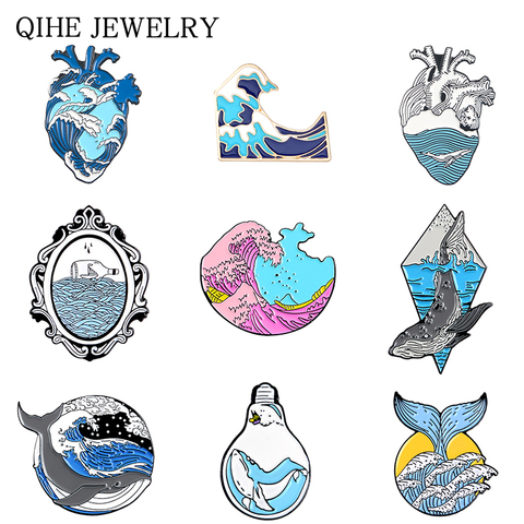 Alfileres de onda Ocean Sea Wave broches órgano corazón bombilla ballena reloj de arena insignias azul onda esmalte pin colección ► Foto 1/6