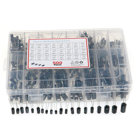 Kit de caja de surtido de condensadores electrolíticos, 500 Uds., 0,1 UF-1000UF 16V-50V 24 valores ► Foto 1/5