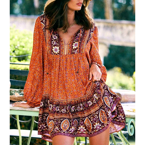 GypsyLady Vintage Floral Mini vestidos otoño Boho vestido manga larga Hippie Tie cuello en v Sexy volantes vestido de las niñas ► Foto 1/6