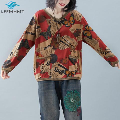 Camiseta de manga larga con diseño de telas combinadas de punto para mujer, ropa informal holgada de talla grande para mujer, Tops de periódico Vintage de mariposa ► Foto 1/5