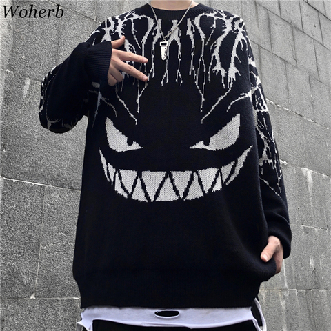 Woherb-suéter Harajuku negro para hombre y mujer, Jersey de punto con rayos del diablo, Jersey de gran tamaño, ropa informal estilo Hip Hop, suéteres de otoño 2022 ► Foto 1/6