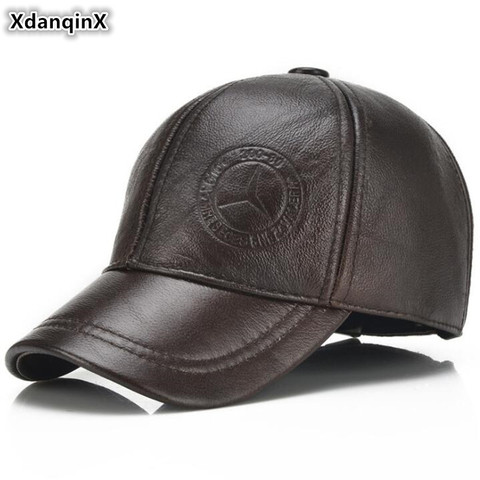 XdanqinX-Gorra de cuero de vaca para hombre, sombrero de orejeras, gorros de béisbol gruesos y cálidos, sombreros de cuero genuino, tamaño ajustable, marcas ► Foto 1/6