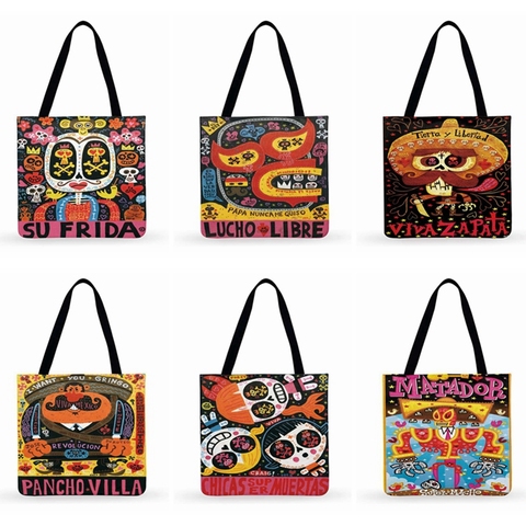 Bolso de mano con estampado de Arte de dibujos animados mexicano para mujer, bolso de hombro para mujer, bolso de compras plegable, bolso de playa a la moda ► Foto 1/6