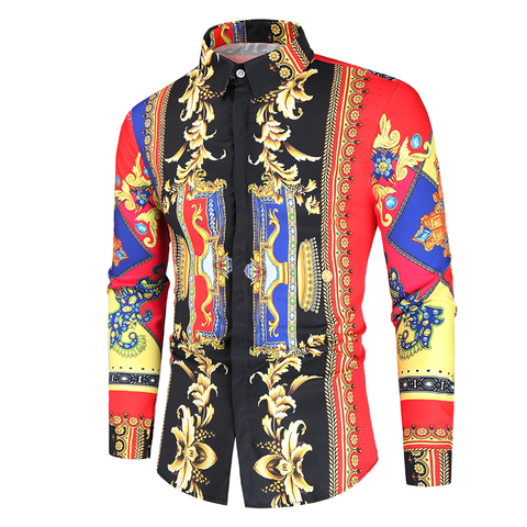Blusa informal estilo barroco para hombre, camisa de manga larga con estampado de Cachemira, color negro y dorado, ajustada, estilo coreano ► Foto 1/6
