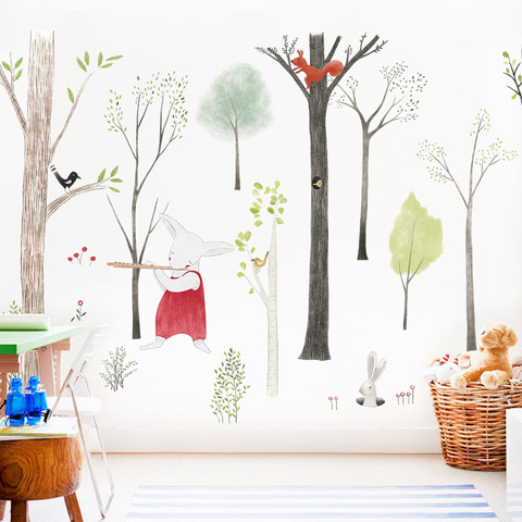 Pegatinas de pared de animales grandes, estilo nórdico, árbol de dibujos animados, decoración para dormitorio infantil, póster estético para pared, arte para habitación de niños y niñas ► Foto 1/6