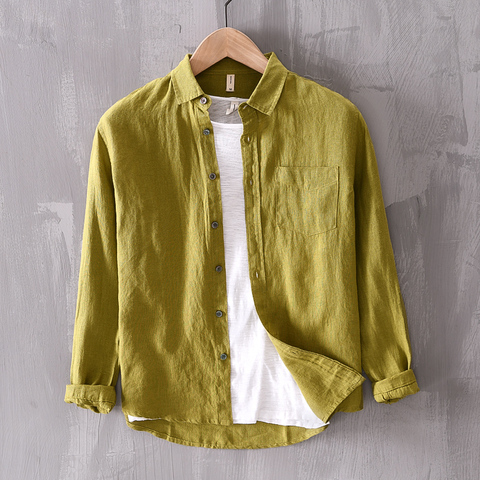 Camisa de lino de marca Lisa para hombre, camisas verdes informales a la moda, de lino puro, cómodas, novedad ► Foto 1/6