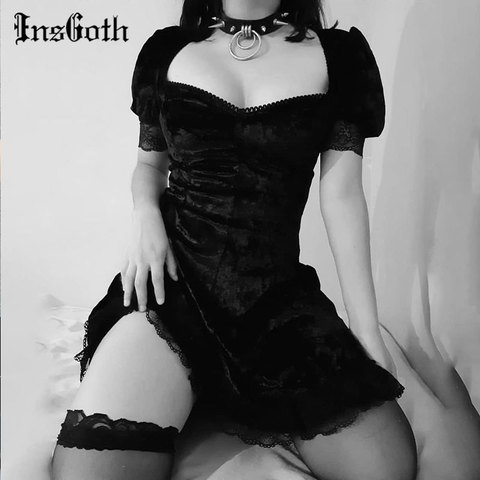 InsGoth-vestido gótico negro de Encaje Vintage, minivestido Sexy de cintura alta, vestido de estética elegante de manga corta de línea A, ropa para fiesta y Club ► Foto 1/6