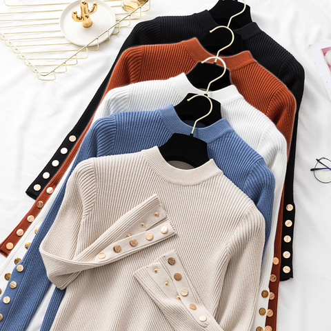 Suéter grueso informal para mujer, jersey de manga larga con botones y cuello redondo, top de punto fino, tops suaves ► Foto 1/6