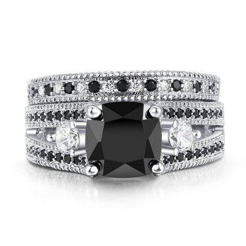 2 unids/set Vintage negro geométrico de circón anillos para mujeres, accesorios de joyería nupcial de la boda, anillo de compromiso ► Foto 1/5