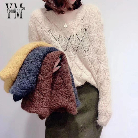 YornMona Ins-suéteres de angora para mujer, Jersey de punto con cuello en V, Tops, ropa de calle, suéter elegante, moda de otoño 2022 ► Foto 1/6