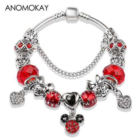 Pulsera de abalorios de Mickey Minnie de cristal rojo plateado para mujer, brazalete con abalorio familiar, regalo de joyería ► Foto 1/5