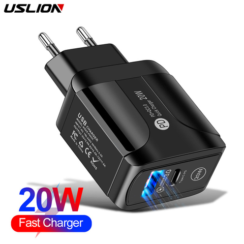 USLION-Adaptador de carga rápida QC3.0, enchufe de la UE, 20W, USB, PD, para iPhone 12, Samsung, Xiaomi, cargador de teléfono inteligente ► Foto 1/6