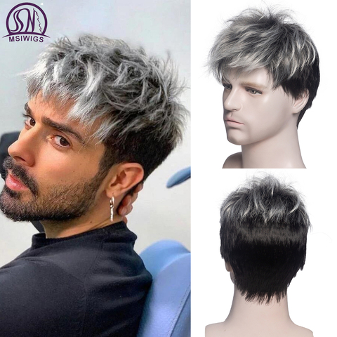 MSIWIGS-Peluca de cabello sintético para hombre, pelo corto recto, color degradado, gris, marrón, blanco, cabeza Natural realista ► Foto 1/6
