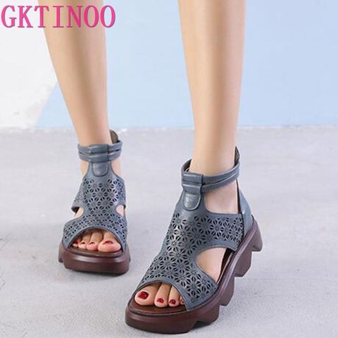 GKTINOO-Sandalias de piel auténtica para mujer, zapatos informales con cuña de plataforma, hechos a mano, romanas, para verano, 2022 ► Foto 1/6