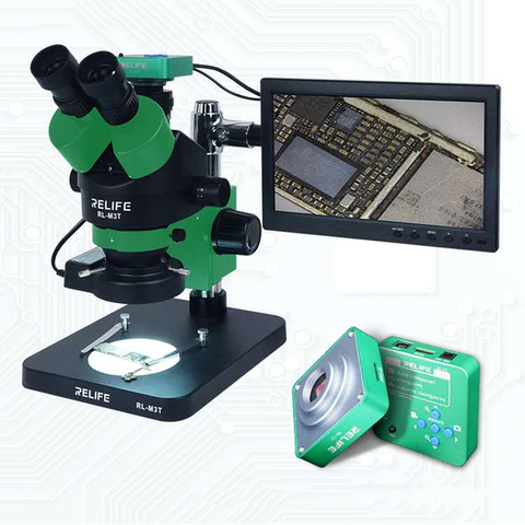 RELIFE-microscopio estéreo Trinocular RL-M3T-B1, con Zoom 7X-45X, combinado con cámara HDMI, luz LED, para reparación de teléfonos móviles ► Foto 1/6