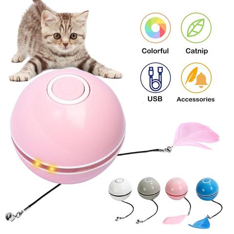 Juguete interactivo para gatos, Bola de colores LED autogiratoria inteligente con campana de hierba gatera y juguetes con plumas recargables por USB ► Foto 1/6