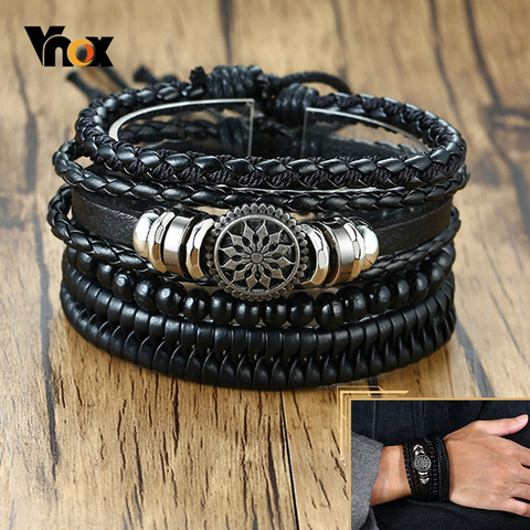 Vnox-pulsera de cuero trenzado para hombre, brazalete de piel sintética trenzada, amuleto timón de hoja de árbol salvavidas, color negro y marrón, 4 unidades ► Foto 1/6