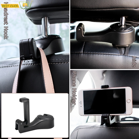 Soporte para teléfono 2 en 1 para silla de coche, percha para asiento gancho reposacabezas, funda para asiento, bolso colgante, bolso de compras, accesorio para coche ► Foto 1/6