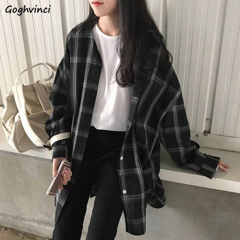 Mujeres camisas de manga larga de cuadros elegante suelto tamaño Primavera Verano prendas de vestir Casual mujer prueba de sol BF Retro Harajuku blusas nuevo ► Foto 1/6