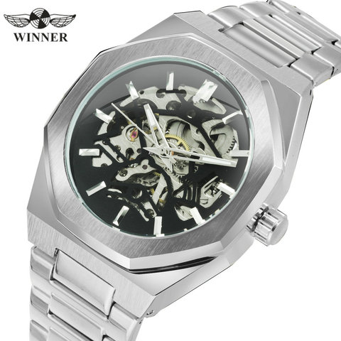 WINNER-Reloj Automático militar oficial para hombre, relojes de pulsera mecánicos de esqueleto, correa de acero inoxidable, reloj elegante de moda ► Foto 1/6