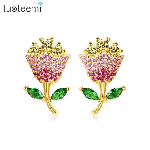 LUOTEEMI-pendientes de tuerca con forma de flor para mujer, joyería de circonita cúbica colorida para fiesta de graduación, regalo de Navidad ► Foto 1/6