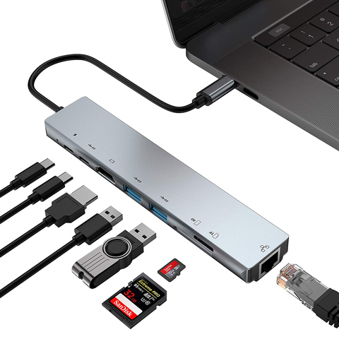 8-en-1 tipo-C a 4K HDMI estación de acoplamiento portátil Nub de la tarjeta de red de carga rápida Hub tipo C con USB adaptador para MacBook ► Foto 1/6