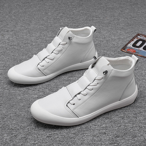 100%-zapatos de piel auténtica para hombre, zapatillas de deporte altas a la moda, color blanco, 896 ► Foto 1/5