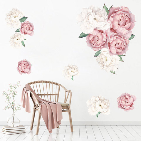 Papel tapiz con estampado de peonías y rosas para niños, calcomanías de arte para guardería, decoración Interior de sala de estar, pegatina de pared ► Foto 1/6