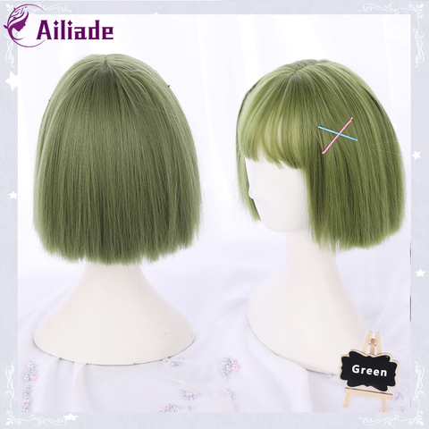 AILIADE recto verde sintético pelucas con flequillo para las mujeres Bob corto resistente al calor peluca Bobo peinado diario Anime Cosplay pelucas ► Foto 1/6