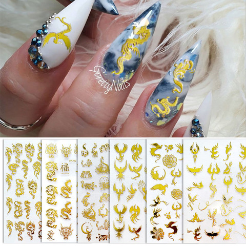 Nuevo 6 uds adhesivos para manicura 3D Auto adhesivo Dragon Phoenix diseño deslizante calcomanías para arte de uñas de manicura consejos 3 Color ► Foto 1/6