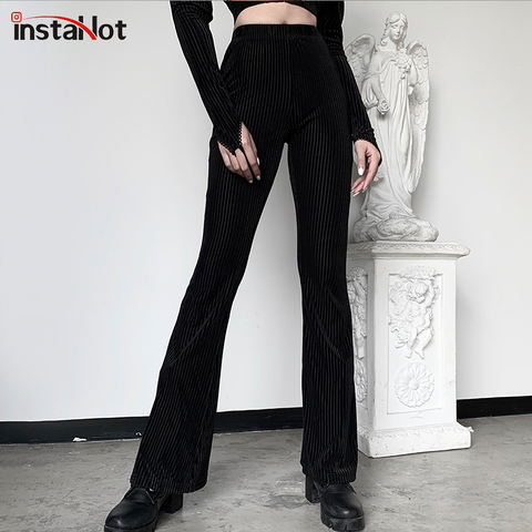 InstaHot-pantalones de terciopelo a rayas para mujer, Capris elásticos de cintura alta, 5% de licra, informales, elegantes, de otoño ► Foto 1/6