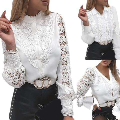 Camisa de encaje calada para mujer, blusa Sexy de manga larga con cuello redondo y diseño de malla con botones, camisas Vintage blancas de moda para primavera ► Foto 1/6