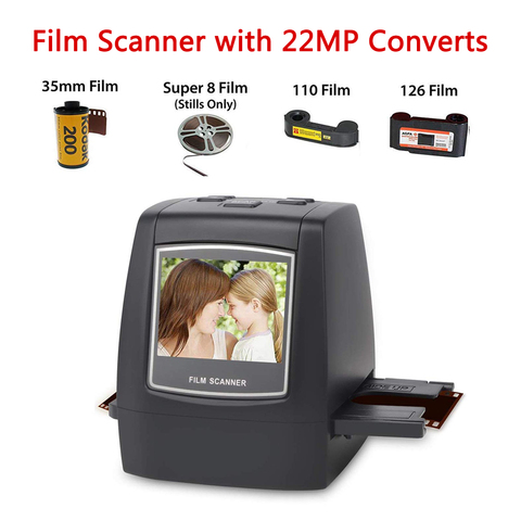 Escáner de película con 22MP convierte 126KPK/135/110/Super 8 películas desliza negativos todo en uno en fotos digitales, pantalla LCD de 2,4