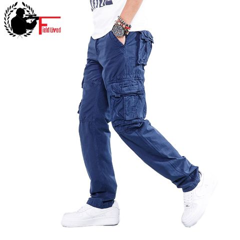 Pantalones rectos de algodón para hombre, pantalón masculino de longitud completa, color azul, caqui, negro, verde militar, muchos bolsillos, estilo informal ► Foto 1/6