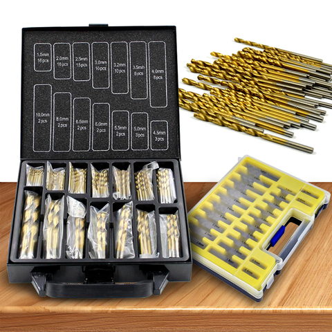 Abridor de agujeros caja de hierro embalaje 99 piezas HSS Twist brocas Set 1,5-10mm superficie recubierta de titanio 118 grado para taladrar carpintería ► Foto 1/6