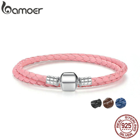 BAMOER genuino doble largo Rosa negro trenzado Cadena de cuero de las mujeres pulseras con 925 de serpiente de plata esterlina cierre PAS908 ► Foto 1/6