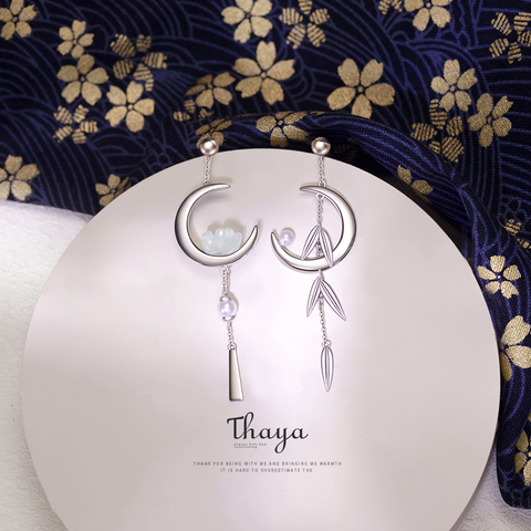 Thaya-pendientes de plata de ley 925 auténtica para mujer, aretes colgantes de media luna, hojas de bambú, estilo japonés, aros joyería fina ► Foto 1/6