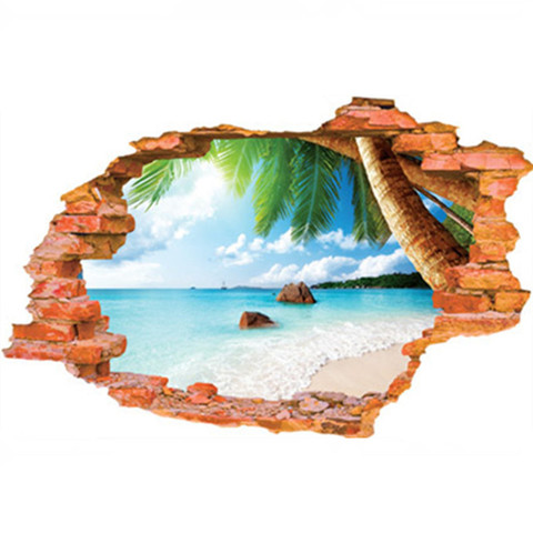 Mural de paisaje de playa de verano, vinilo adhesivo pared rota 3d, paisaje de palmera, decoración del hogar, póster, papel tapiz, 90x60cm ► Foto 1/6