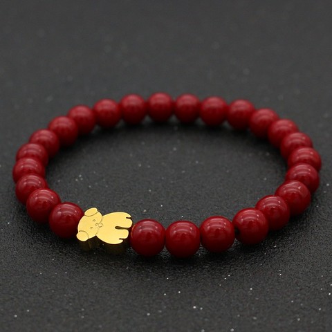 Pulseras de oso de acero inoxidable para mujer y niña, piedra Natural roja de la suerte, Ágata negra, abalorio mate, joyería ► Foto 1/6