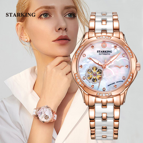 STARKING 34mm reloj automático Rosa oro caja de acero Vogue relojes de vestir esqueleto transparente reloj de pulsera mecánico para mujer ► Foto 1/6